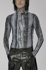 Black/Grey Punk High Collar Technology Sense Printing Elasticity Tight Long Sleeves Men's Shirt - Black/Grey - 1