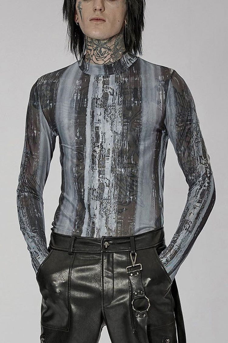 Black/Grey Punk High Collar Technology Sense Printing Elasticity Tight Long Sleeves Men's Shirt - Black/Grey - 1