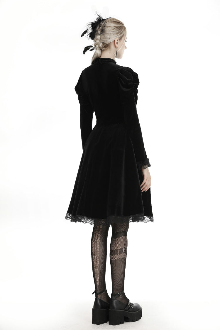 Black Lace Long Puff Sleeves Women's Gothic Velet Dress - Product - 4