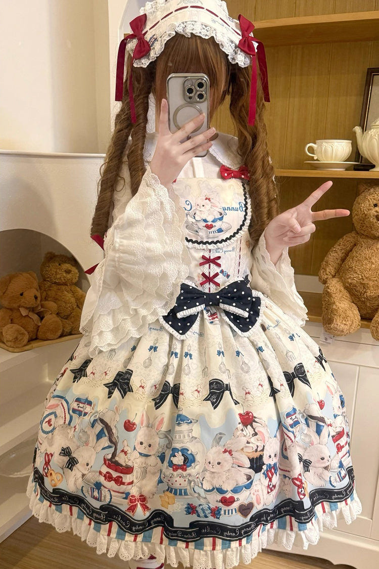Beige [Mystery Rabbit Tea Party] Sleeveless Print Ruffle Bowknot Lace Sweet Lolita Jsk Dress - Product - 10