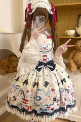 Beige [Mystery Rabbit Tea Party] Sleeveless Print Ruffle Bowknot Lace Sweet Lolita Jsk Dress - Product - 10