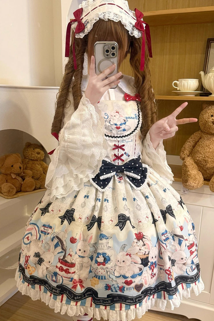 Beige [Mystery Rabbit Tea Party] Sleeveless Print Ruffle Bowknot Lace Sweet Lolita Jsk Dress - Product - 10