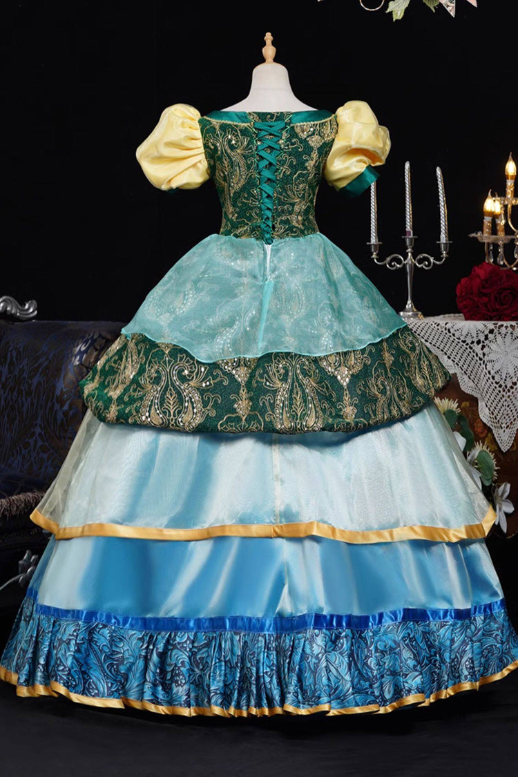 Blue/Green Square Collar Short Lantern Sleeves Multi-Layered Ruffled Embroidered Lace Gothic Vintage Princess Palace Lolita Victorian Dress - Product - 3