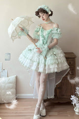 Green [Tulip and Wind Chime] Multi-Layered Ruffle Bowknot Lace Sweet Gorgeous Lolita Jsk Dress - Product - 11
