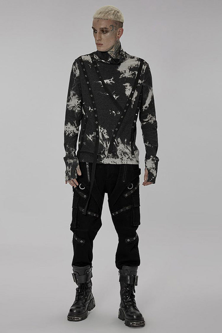 Black/White Punk Asymmetric Metal Buckle Side Button Tie Dye High Neck Basic Long Sleeve Men's Shirt - Product - 4