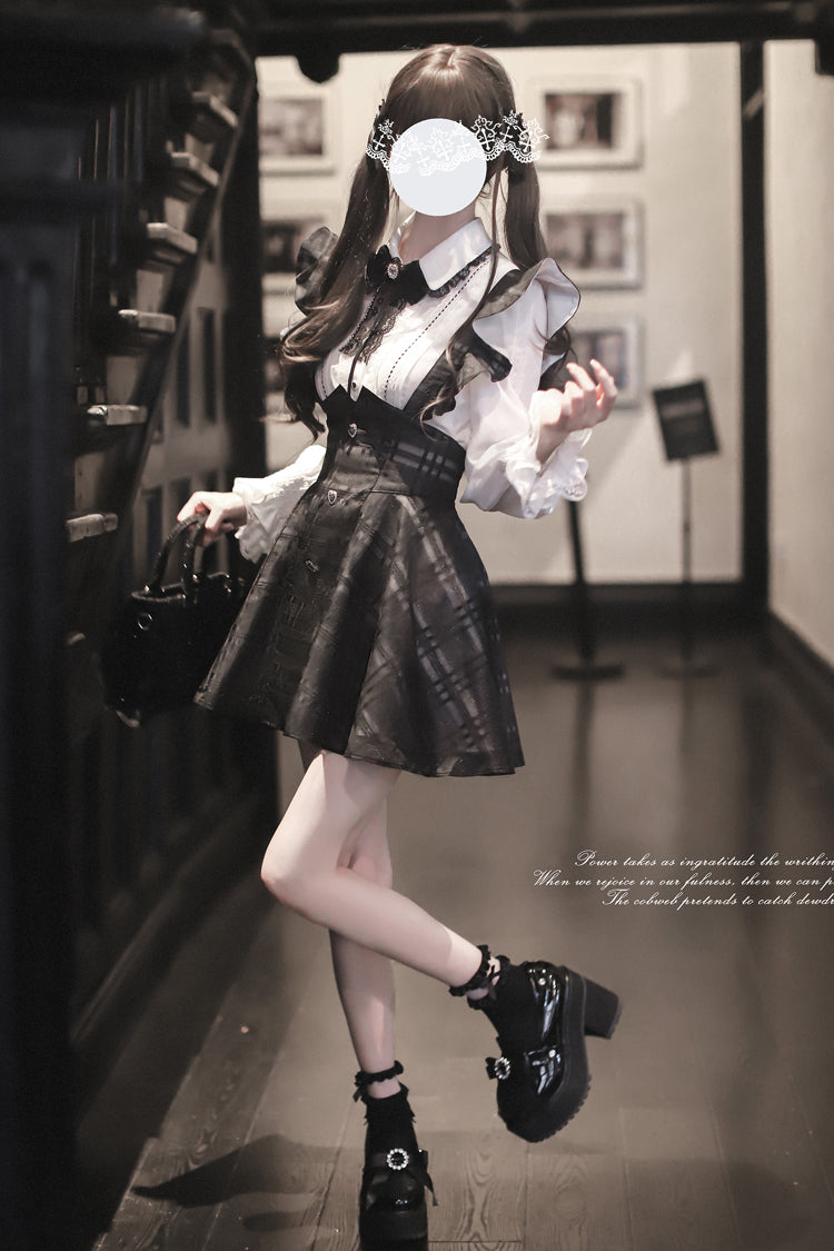 Black Plaid Print Classic College Style Elegant Lolita Strap Short Dress - Product - 6