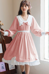 Lapel Collar Lantern Sleeves High Waisted With Bow Sweet Lolita OP Dress - Pink - 9