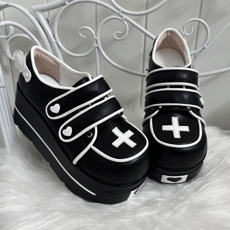 Medical Series Heart Style Double Strap Round-Toe Sweet Lolita Platform Shoes 3 Colors - Black - 4