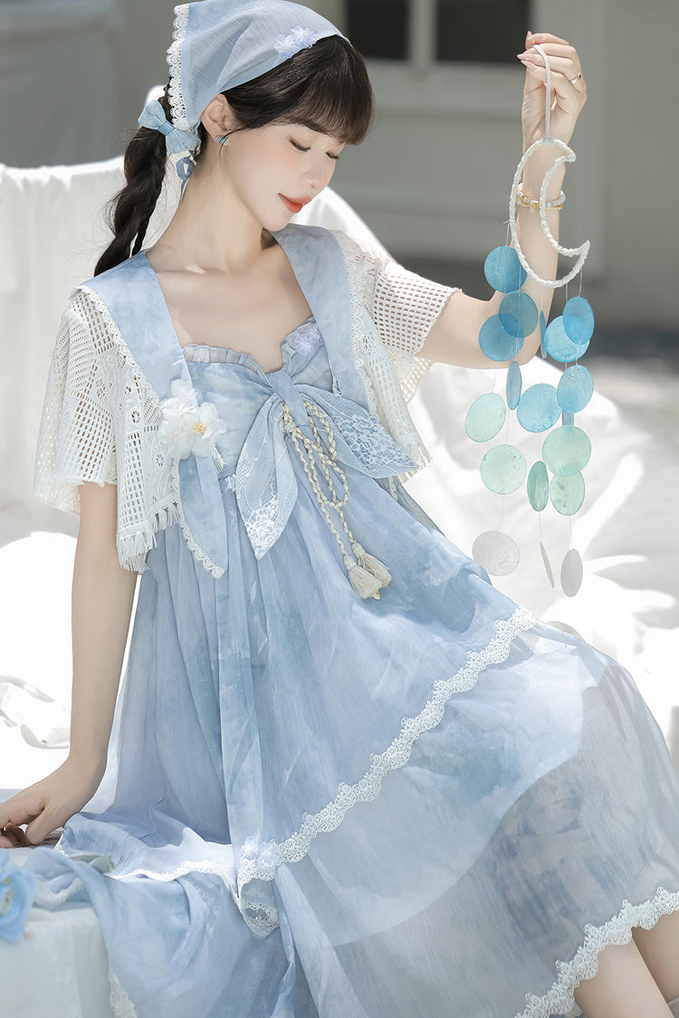 Blue [Clouds Resting in the Wilderness] Print Ruffle Embroidery Bowknot Lace Irregular Lolita Jsk Dress - Product - 15