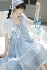 Blue [Clouds Resting in the Wilderness] Print Ruffle Embroidery Bowknot Lace Irregular Lolita Jsk Dress - Product - 15
