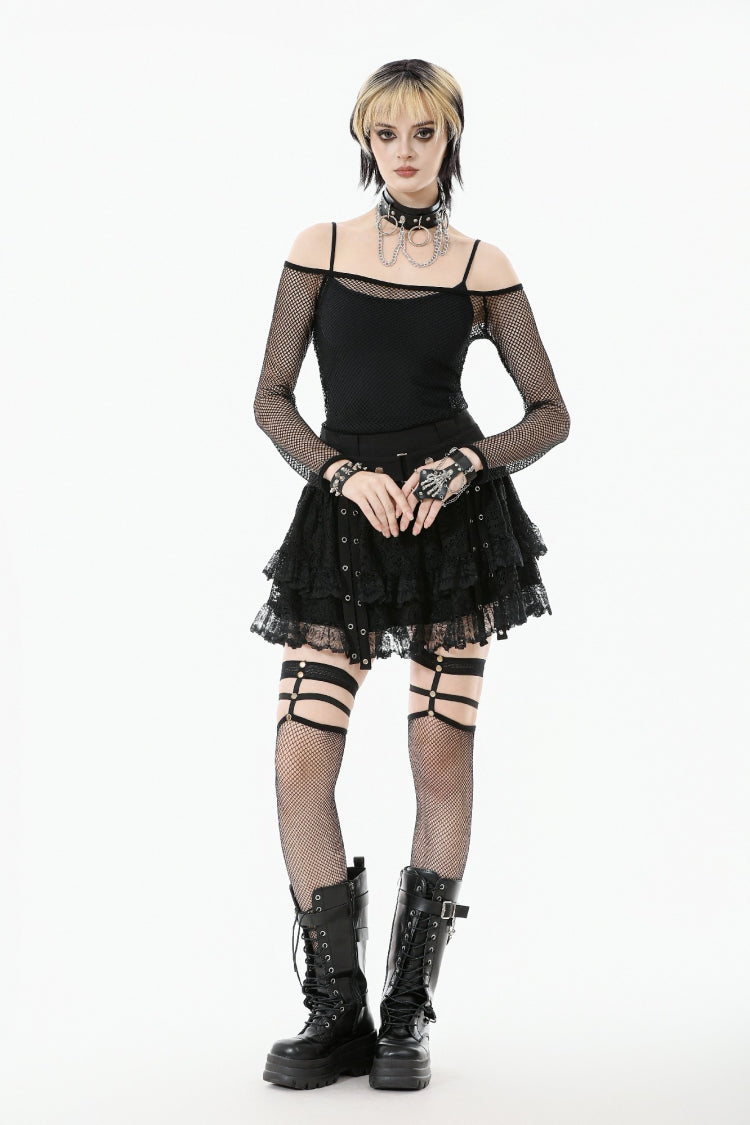 Black Off Shoulder Long Sleeves Mesh Women's Gothic Versatile Top - Product - 7