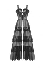 Black Sleeveless Hearted Multi-Layered Lace Split Sheer Mesh Women's Gothic Maxi Slip Dress - Product - 3