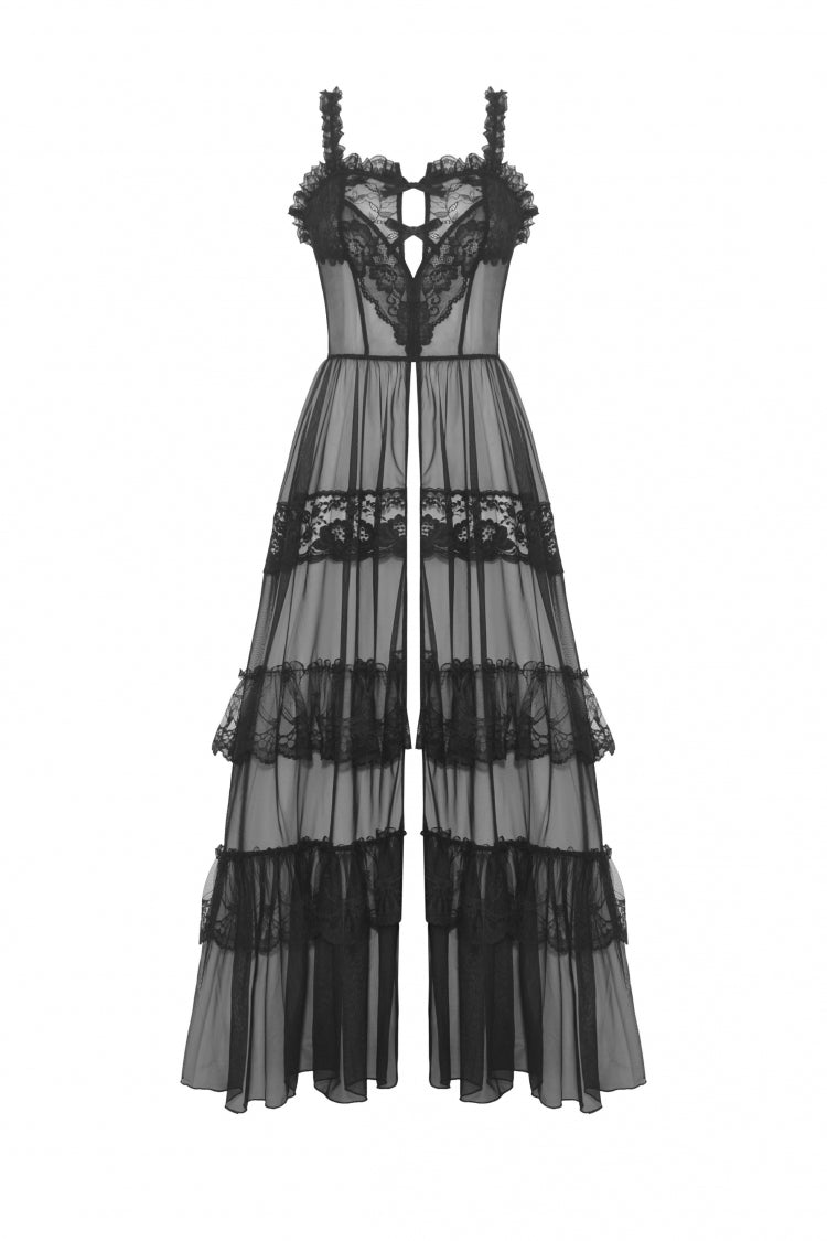 Black Sleeveless Hearted Multi-Layered Lace Split Sheer Mesh Women's Gothic Maxi Slip Dress - Product - 3