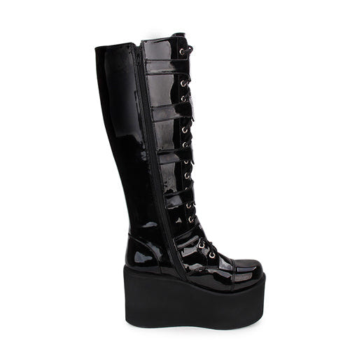 Black Cross Patent Leather Lace Up Long Gothic Lolita Boots - Product - 4