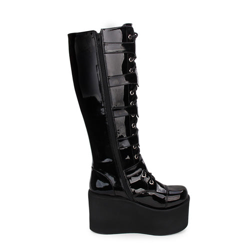 Black Cross Patent Leather Lace Up Long Gothic Lolita Boots - Product - 4