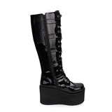 Black Cross Patent Leather Lace Up Long Gothic Lolita Boots - Product - 4