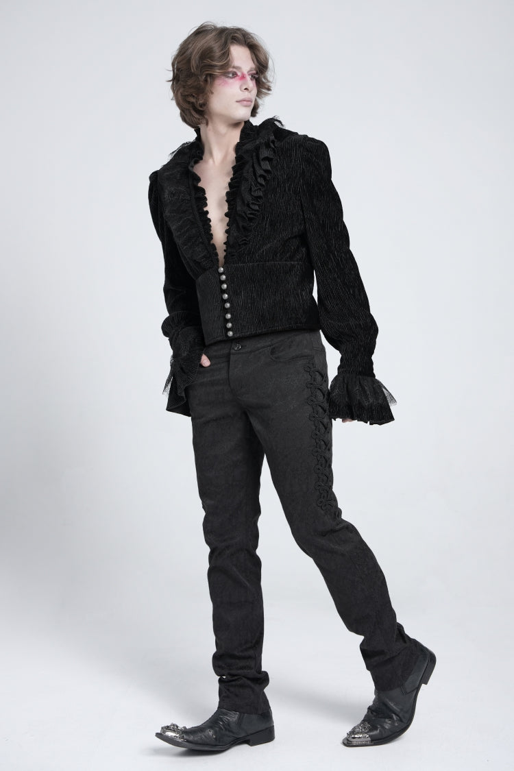 Black V Collar Long Sleeves Ruffle Stitching Lace Men's Gothic Blouse - Product - 9