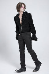 Black V Collar Long Sleeves Ruffle Stitching Lace Men's Gothic Blouse - Product - 9
