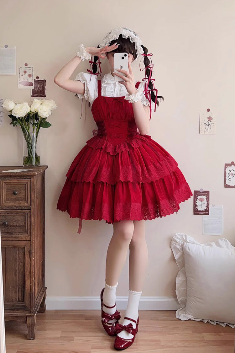 Bowknot Hollow Gothic Lolita Tiered JSK Dress 2 Colors - Product - 5