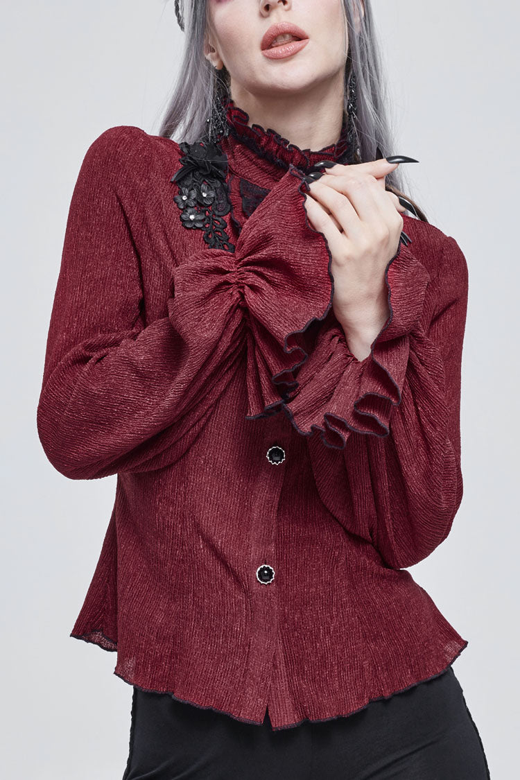 Red Lace High Neck Three Dimensional Embroidered Lantern Trumpet Sleeves Women's Gothic Shirt - Red - 1