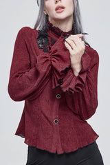 Red Lace High Neck Three Dimensional Embroidered Lantern Trumpet Sleeves Women's Gothic Shirt - Red - 1