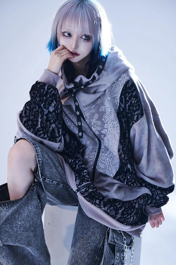 Color Blocking Long Sleeves Print Hooded Tie-dyed Zipper Jirai Kei Japanese Coat - Color-Blocking - 1