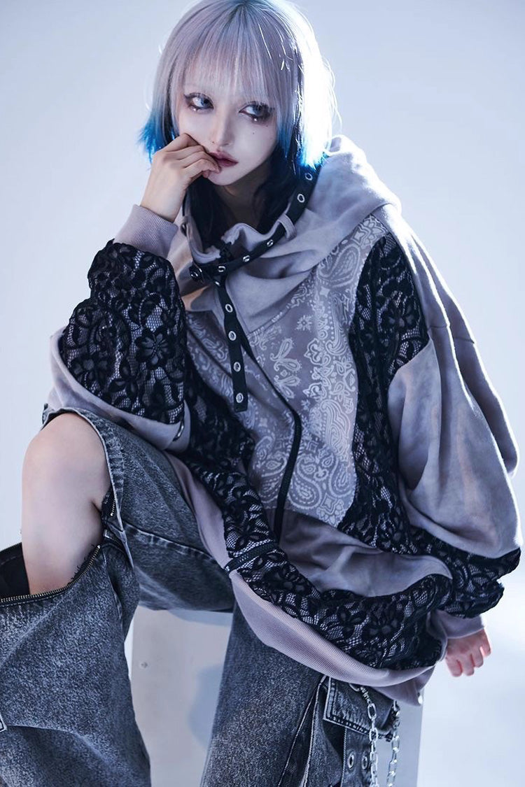 Color Blocking Long Sleeves Print Hooded Tie-dyed Zipper Jirai Kei Japanese Coat - Color-Blocking - 1
