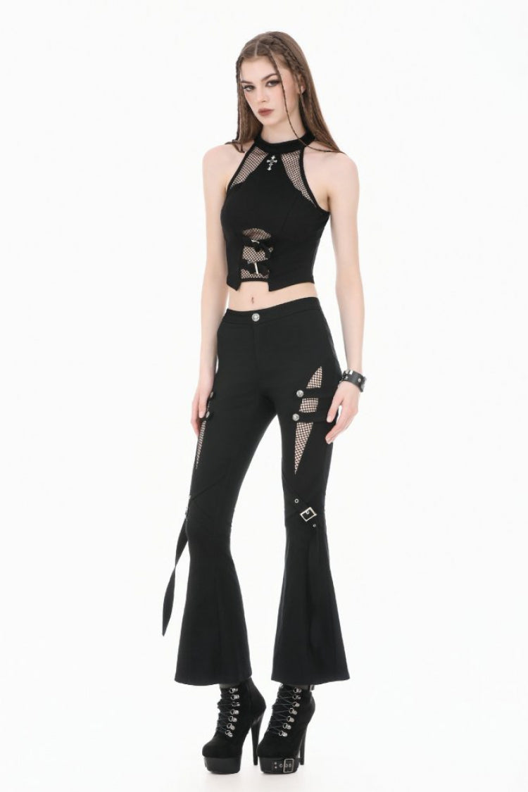 Black Women's Punk Buckled Straps Cut-Out Sheer Mesh Patchwork Flare Pants - Product - 6