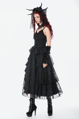 Black Sleeveless Multi-Layered Lace Ruched Women's Gothic Slip Maxi Dress Wedding Dress - Product - 2