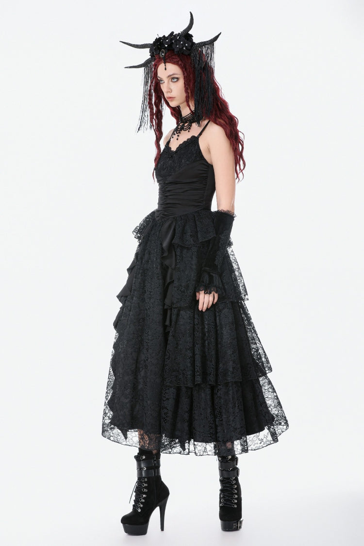Black Sleeveless Multi-Layered Lace Ruched Women's Gothic Slip Maxi Dress Wedding Dress - Product - 2
