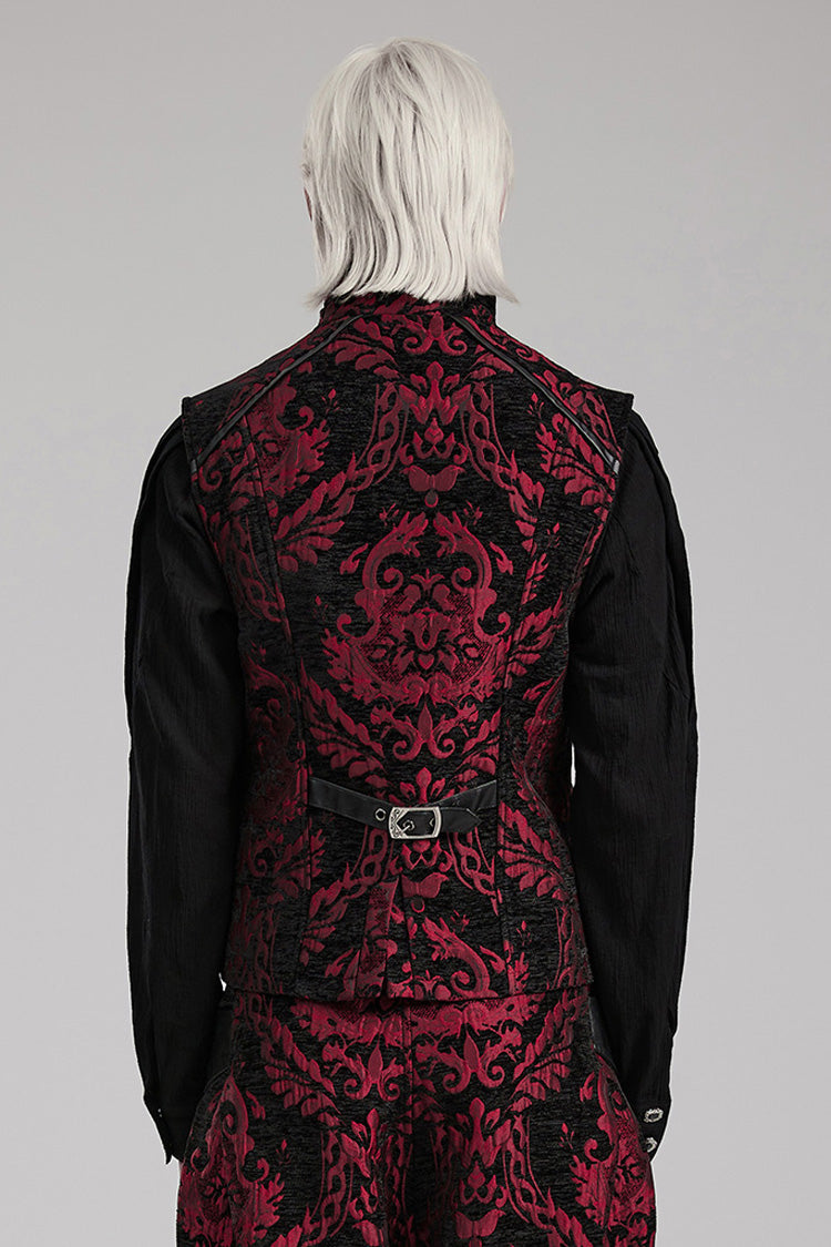 Black/Red Men's Stand Collar Jacquard Print Stitching Metal Ring Decoration Gothic Vest - Product - 3