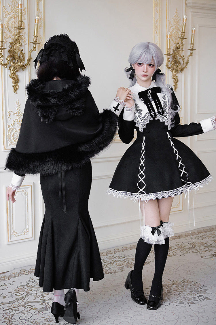 Black/White [Rose Doll] Square Collar Long Sleeves Bowknot Lace-Up Gothic Lolita Dress Set 2 Versions - Product - 5
