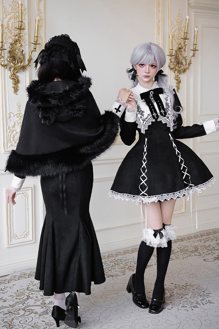 Black/White [Rose Doll] Square Collar Long Sleeves Bowknot Lace-Up Gothic Lolita Dress Set 2 Versions - Product - 5