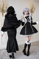 Black/White [Rose Doll] Square Collar Long Sleeves Bowknot Lace-Up Gothic Lolita Dress Set 2 Versions - Product - 5