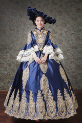 Multi-Layer Half Sleeves Trumpet Sleeves High Waisted Hollow Embroidery Print Victorian Lolita Prom Dress - Blue - 4