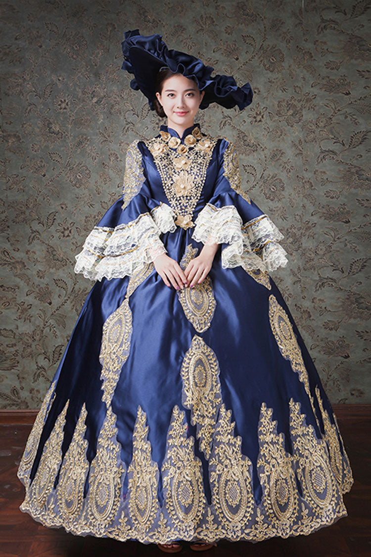 Multi-Layer Half Sleeves Trumpet Sleeves High Waisted Hollow Embroidery Print Victorian Lolita Prom Dress - Blue - 4