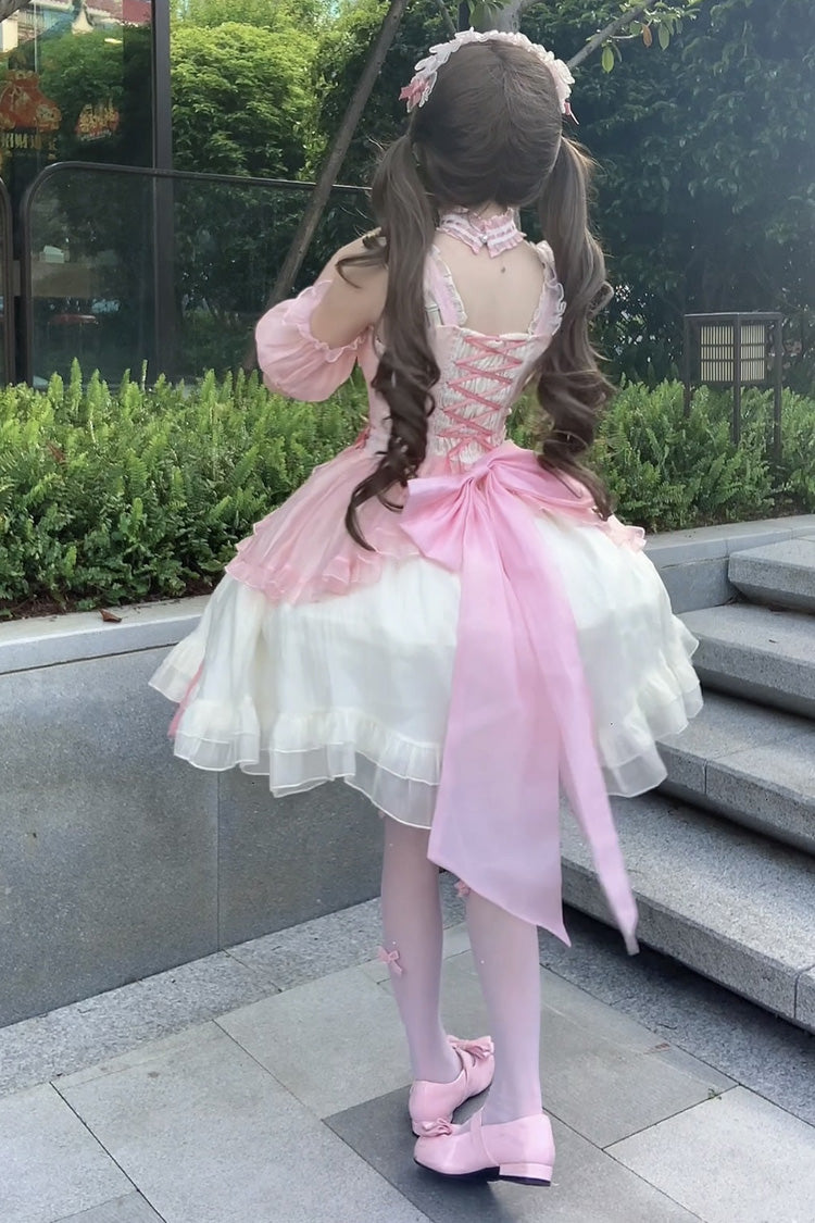 White/Pink [Sweet Sakura Bow] Sleeveless Double-Layered Ruffled Bow Sweet Princess Lolita Jsk Dress - Product - 3