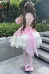 White/Pink [Sweet Sakura Bow] Sleeveless Double-Layered Ruffled Bow Sweet Princess Lolita Jsk Dress - Product - 3