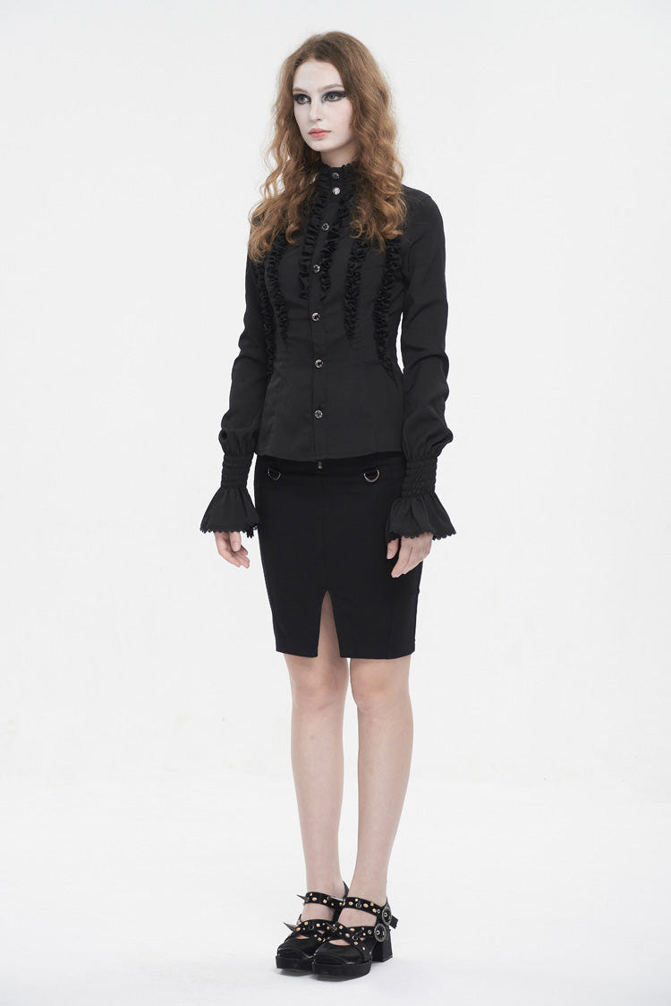 Black Stand Collar Ruffled Long Sleeves Women's Gothic Shirt - Product - 5