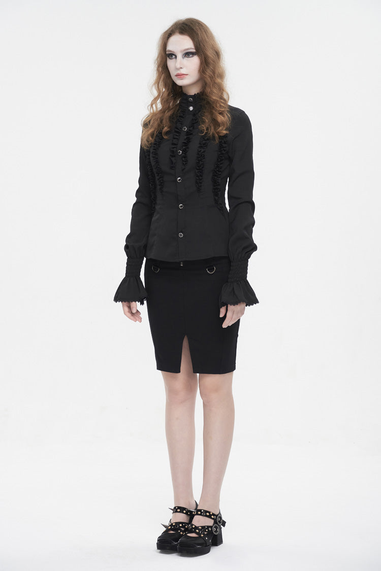 Black Stand Collar Ruffled Long Sleeves Women's Gothic Shirt - Product - 5