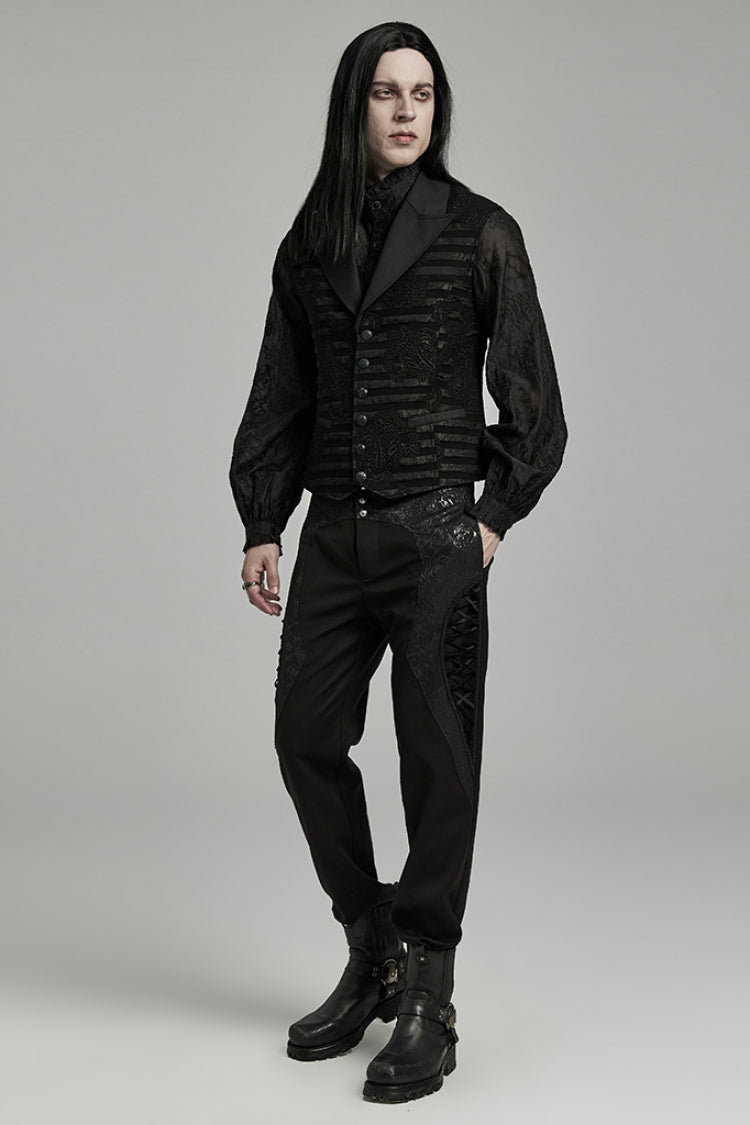 Black V Collar Jacquard Stripes Print Men's Gothic Vest - Product - 4