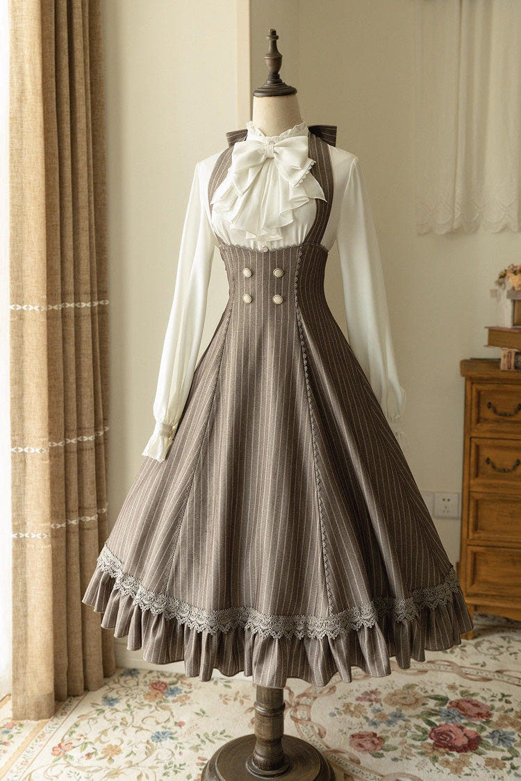[South of The Forest] Halterneck Stripe Print Ruffle Classic Vintage Lolita Jsk Dress 4 Colors - Gray/Brown - 1