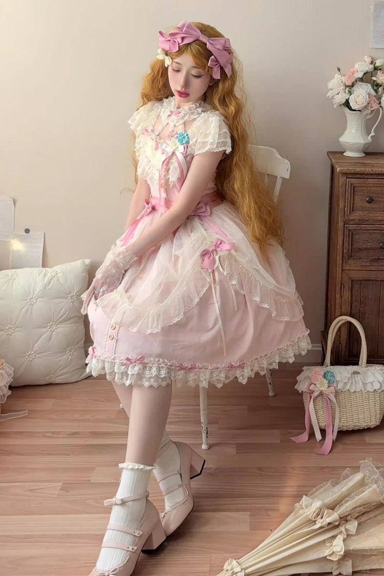 Pink [Sakura’s Spring Resonance] Sleeveless Ruffled Bow Sweet Lolita Jsk Dress (Short Version) - Product - 5