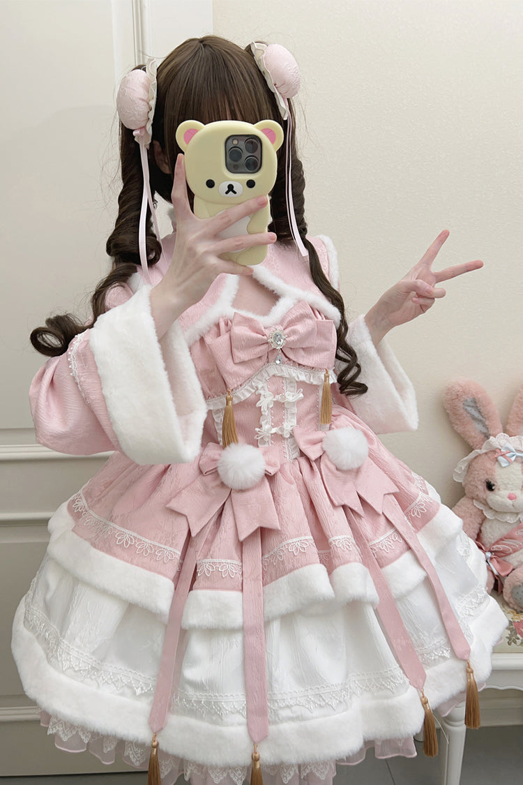 Pink [Snow Rabbit] Long Sleeves Ruffle Bowknot Fake Two Pieces Sweet Lolita Dress - Product - 6