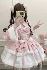 Pink [Snow Rabbit] Long Sleeves Ruffle Bowknot Fake Two Pieces Sweet Lolita Dress - Product - 6