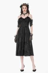 Black Off Shoulder Lace Flutter Sleeves Jacquard Side Corset Lace-Up Women's Gothic Slip Dress - Product - 9