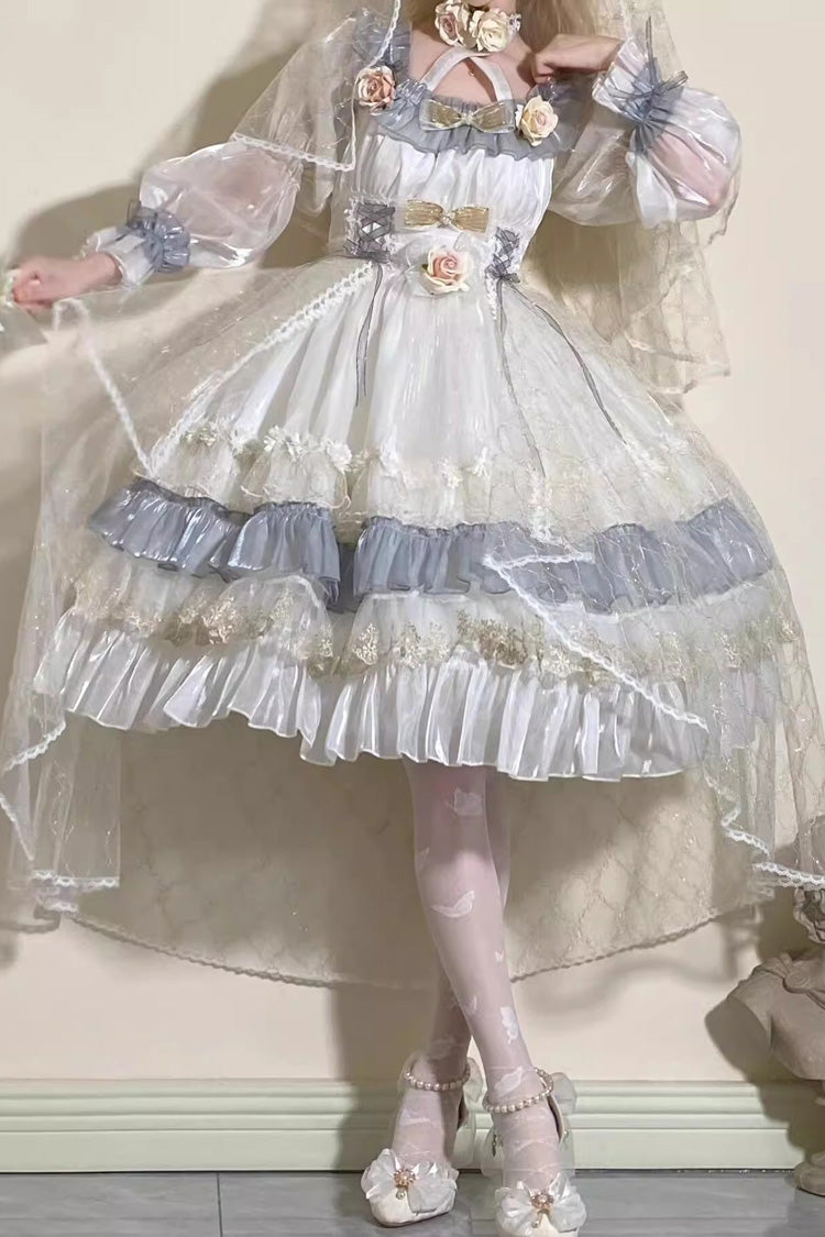Grey/Blue [Spring of Boliya] Long Sleeves Multi-Layered Ruffle Bowknot Lace Lace-Up Sweet Princess Lolita Dress - Product - 6