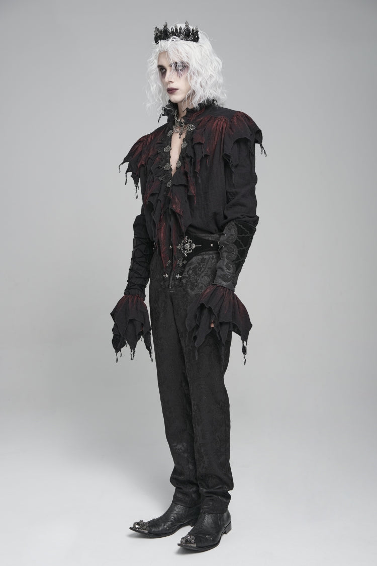 Black/Red Stand Collar Long Sleeves Ruffled Men's Gothic Plunging Shirt - Product - 6