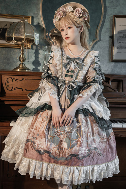 Multi-Color Retro Hime Sleeves Sacred Deer Print Classic Lolita OP Dress - Product - 3