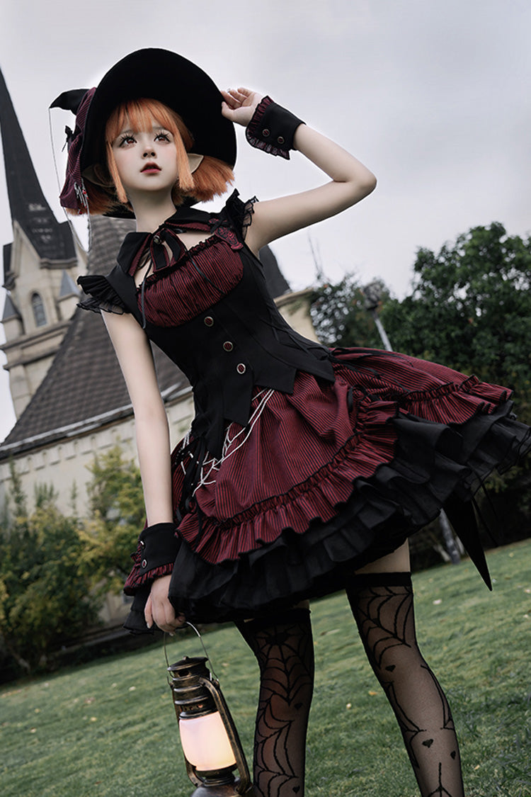 Black/Red [Potions] Sleeveless Triple-Layered Ruffle Bowknot Lace Gothic Lolita Dress 2 Colors - Product - 4